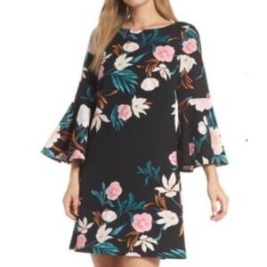 Eliza J Floral Bell Sleeve Shift Dress Womens 8 Black Pink Green